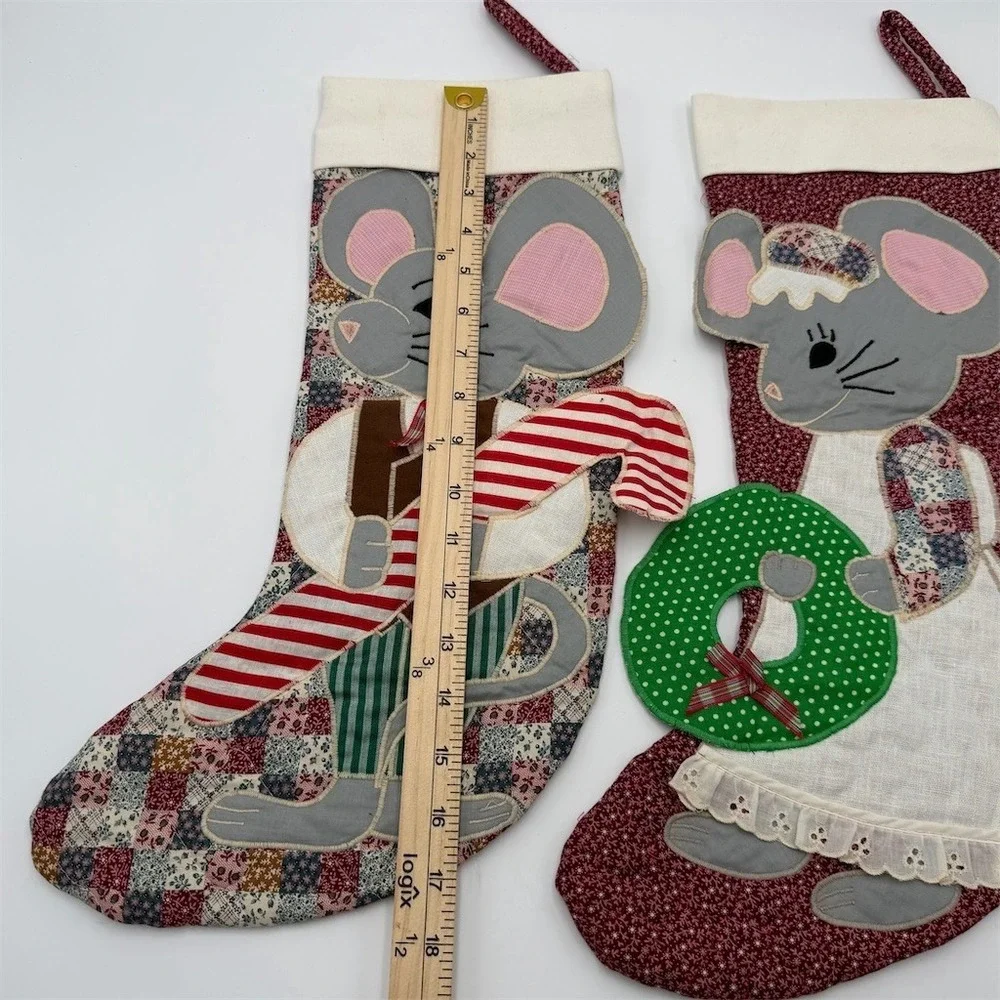 MON AMI Set of 2 Quilted Christmas Stockings Mouse Applique Burgundy Large‎